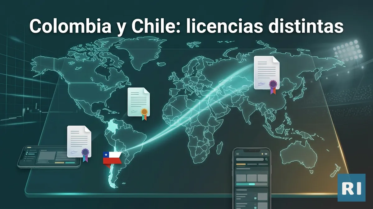 Mapa conceptual que compara dos licencias regulatorias distintas para versiones de Rivalo, con acento de la bandera de Chile
