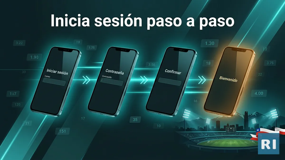 Pasos para iniciar sesión en Rivalo Chile mostrados en una secuencia de pantallas